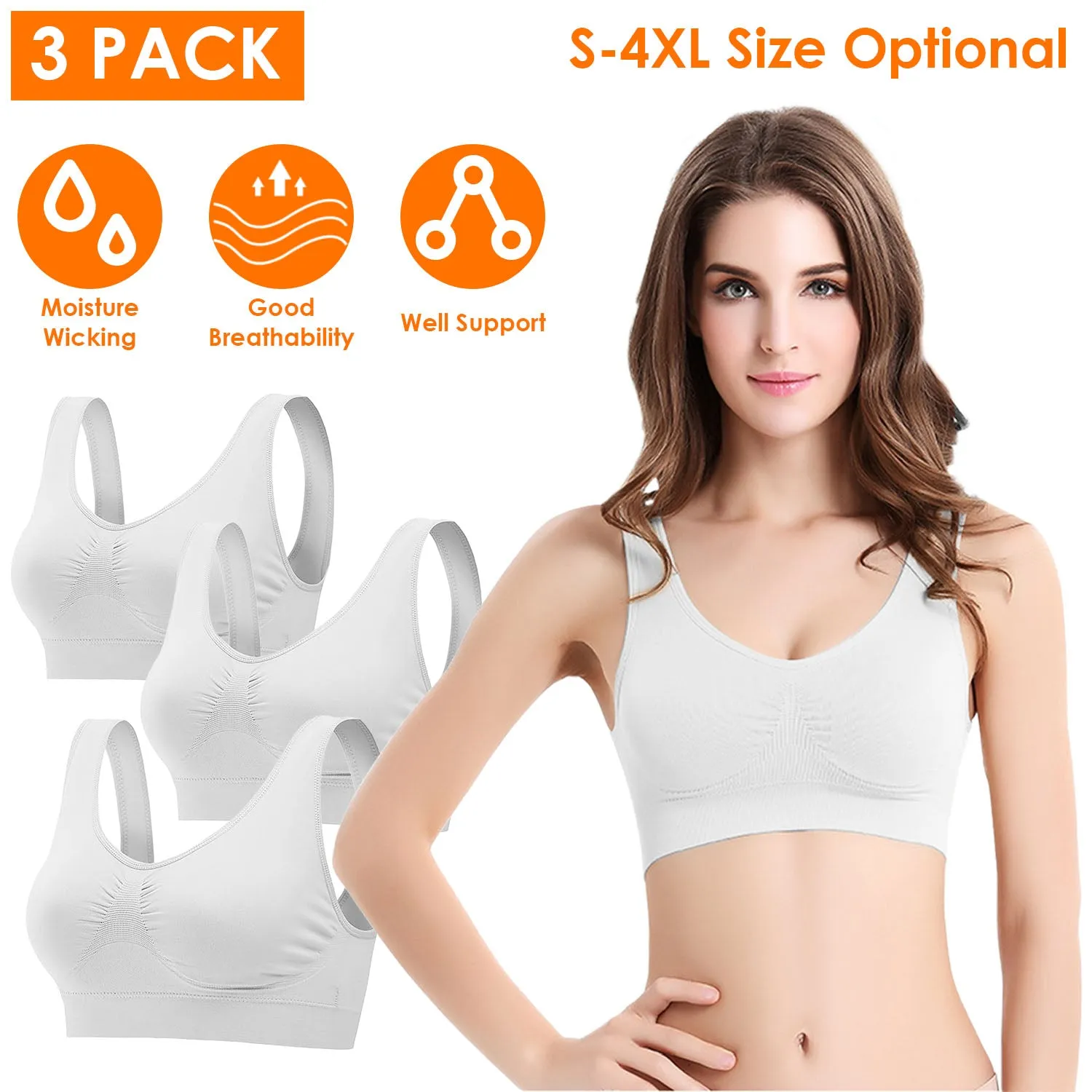 3-Pack: Women Seamless Wire-free Bra for Fitness Workout
