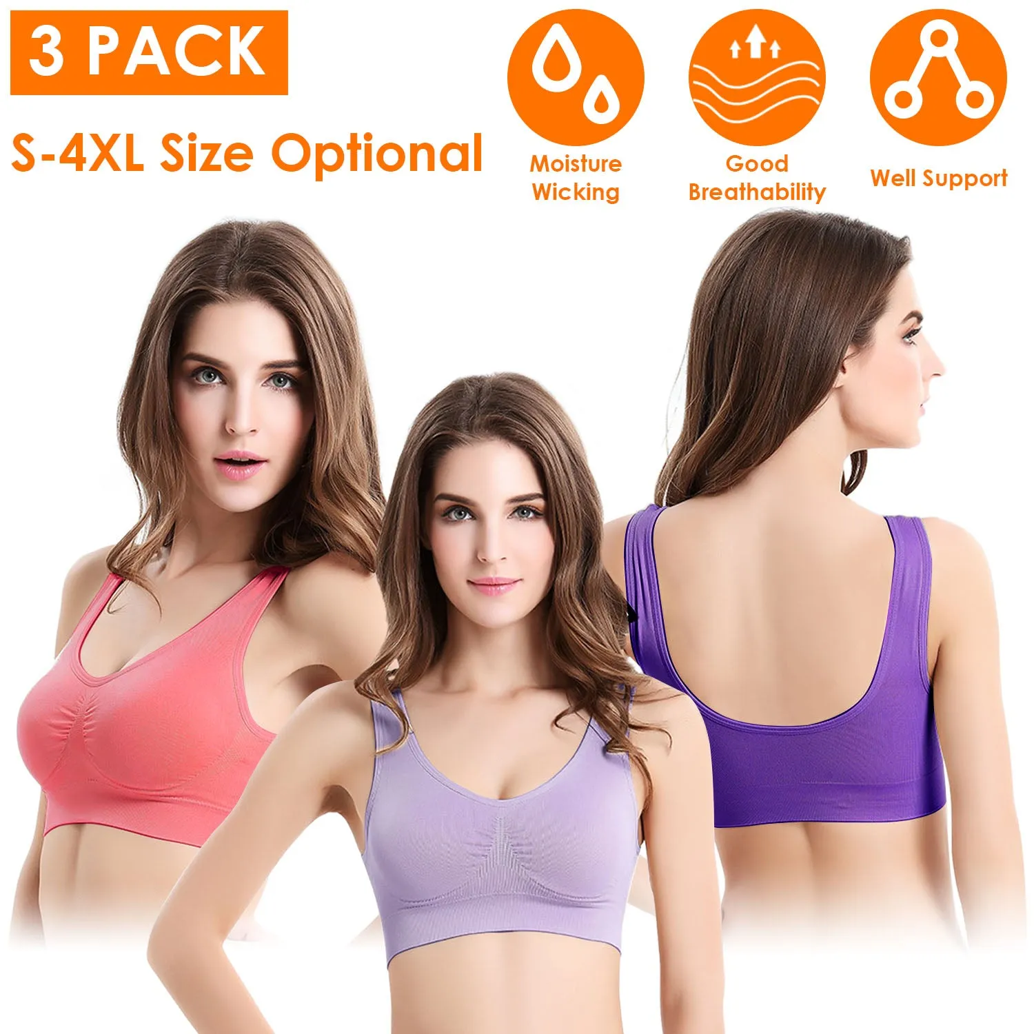 3-Pack: Women Seamless Wire-free Bra for Fitness Workout