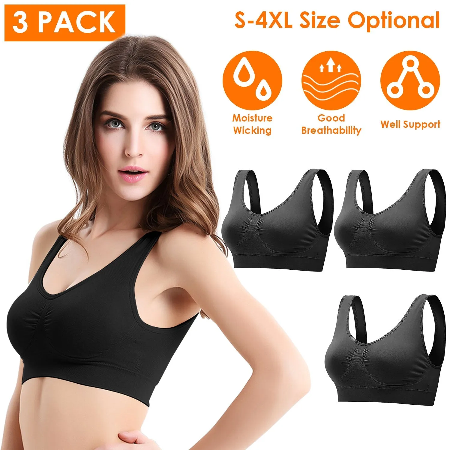 3-Pack: Women Seamless Wire-free Bra for Fitness Workout