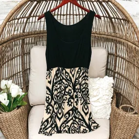Black Tank Top Short Dress with Tan Damask Pattern