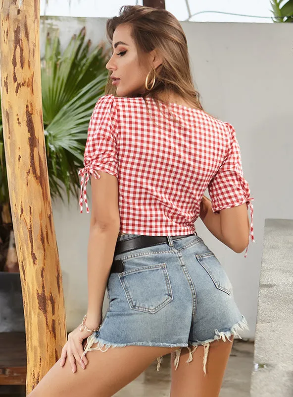 Checked Short Sleeves Lapels Shirt