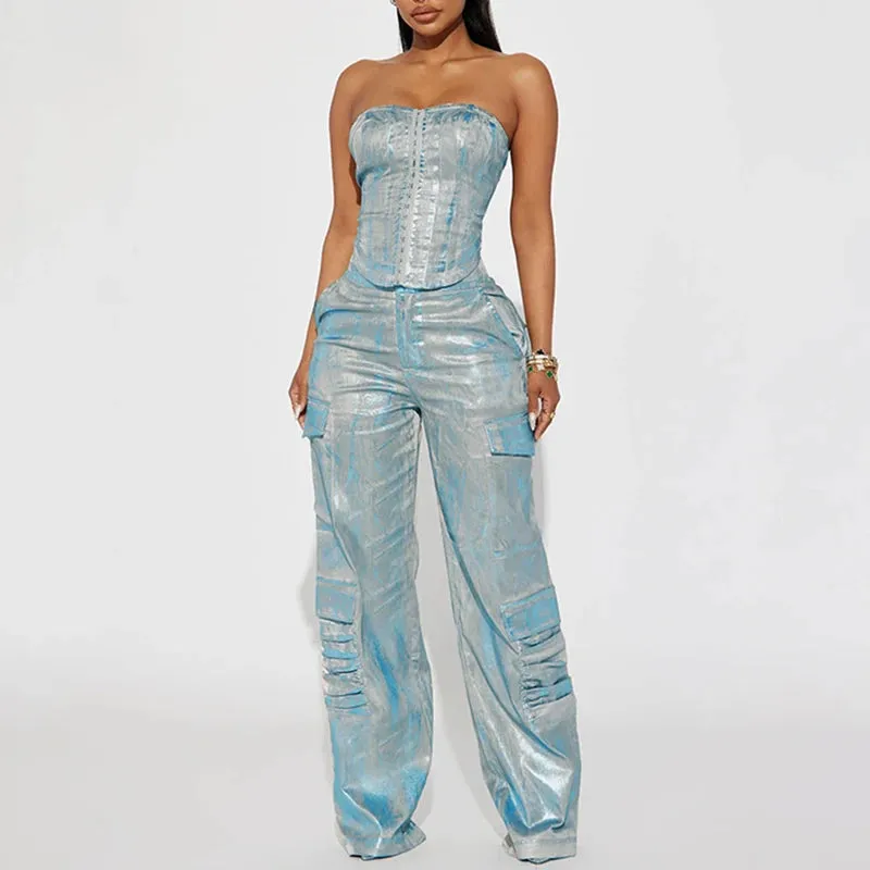 Elegant Strapless Corset Denim Backless Top