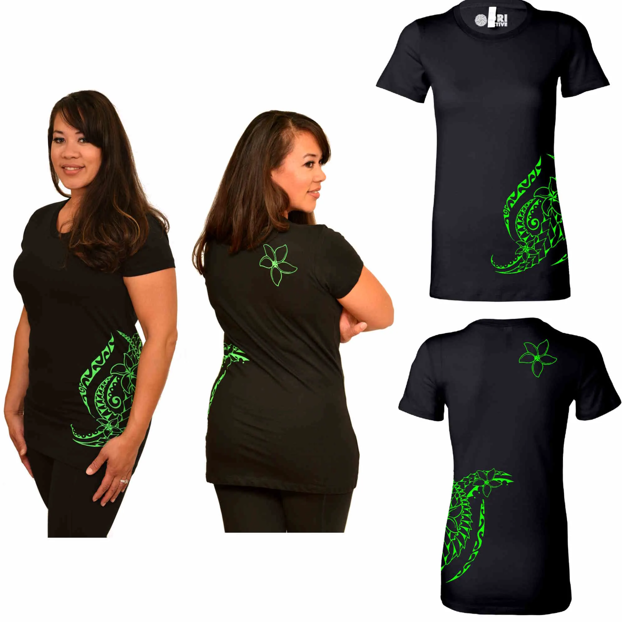 Fitted Short Sleeve T-Shirt - Triple Plumeria Hawaiian Tattoo Design