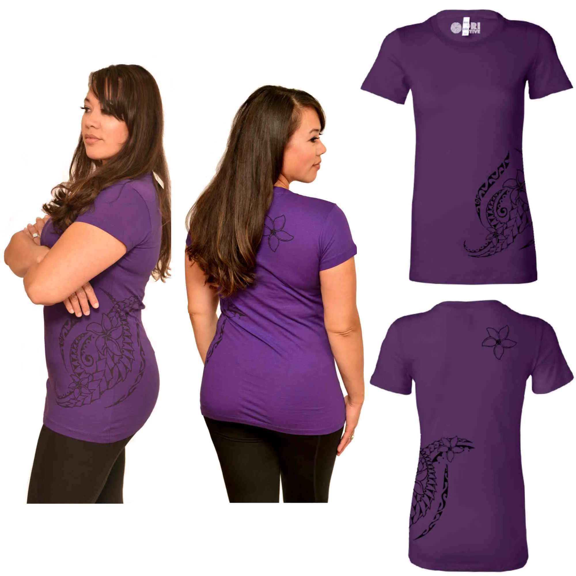 Fitted Short Sleeve T-Shirt - Triple Plumeria Hawaiian Tattoo Design