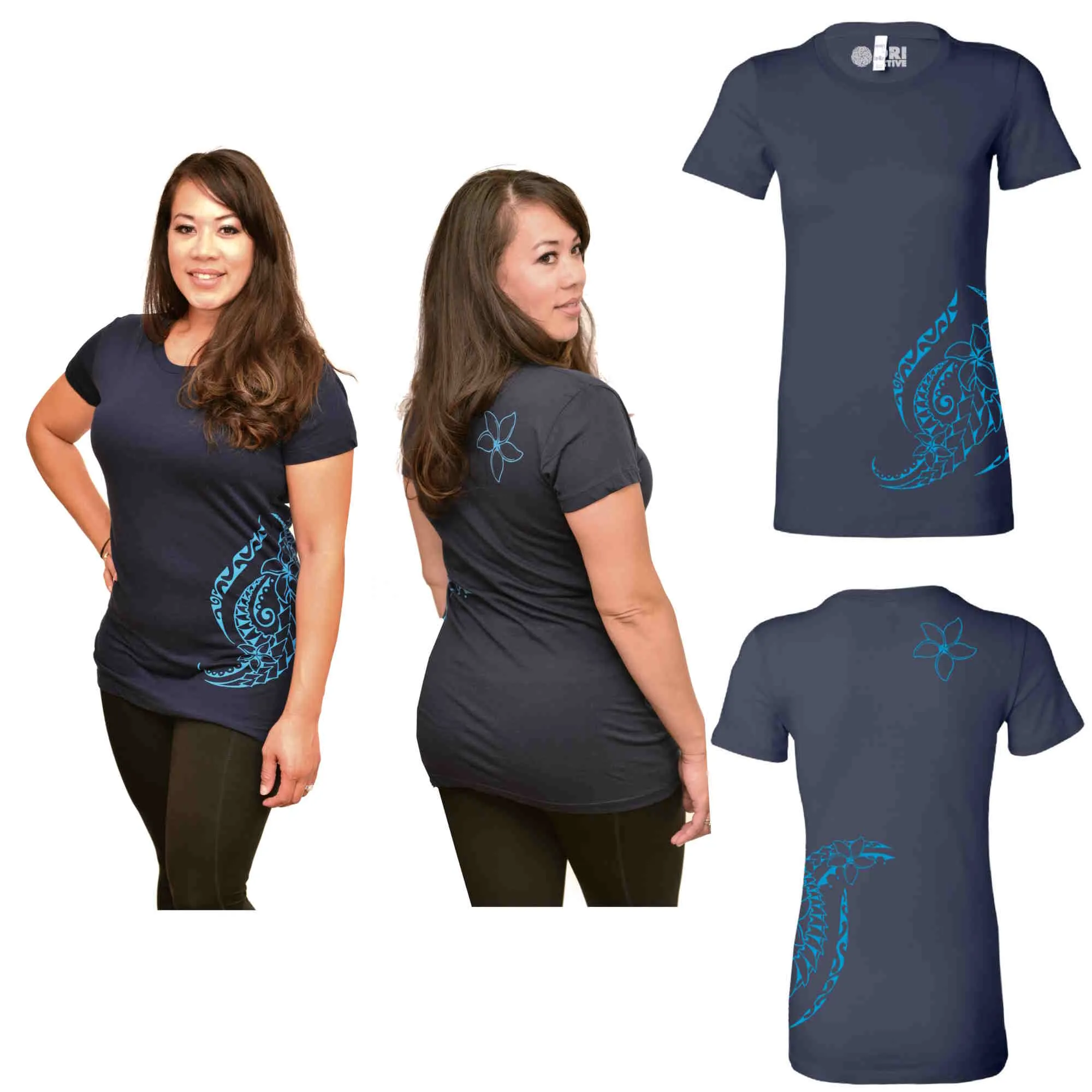 Fitted Short Sleeve T-Shirt - Triple Plumeria Hawaiian Tattoo Design