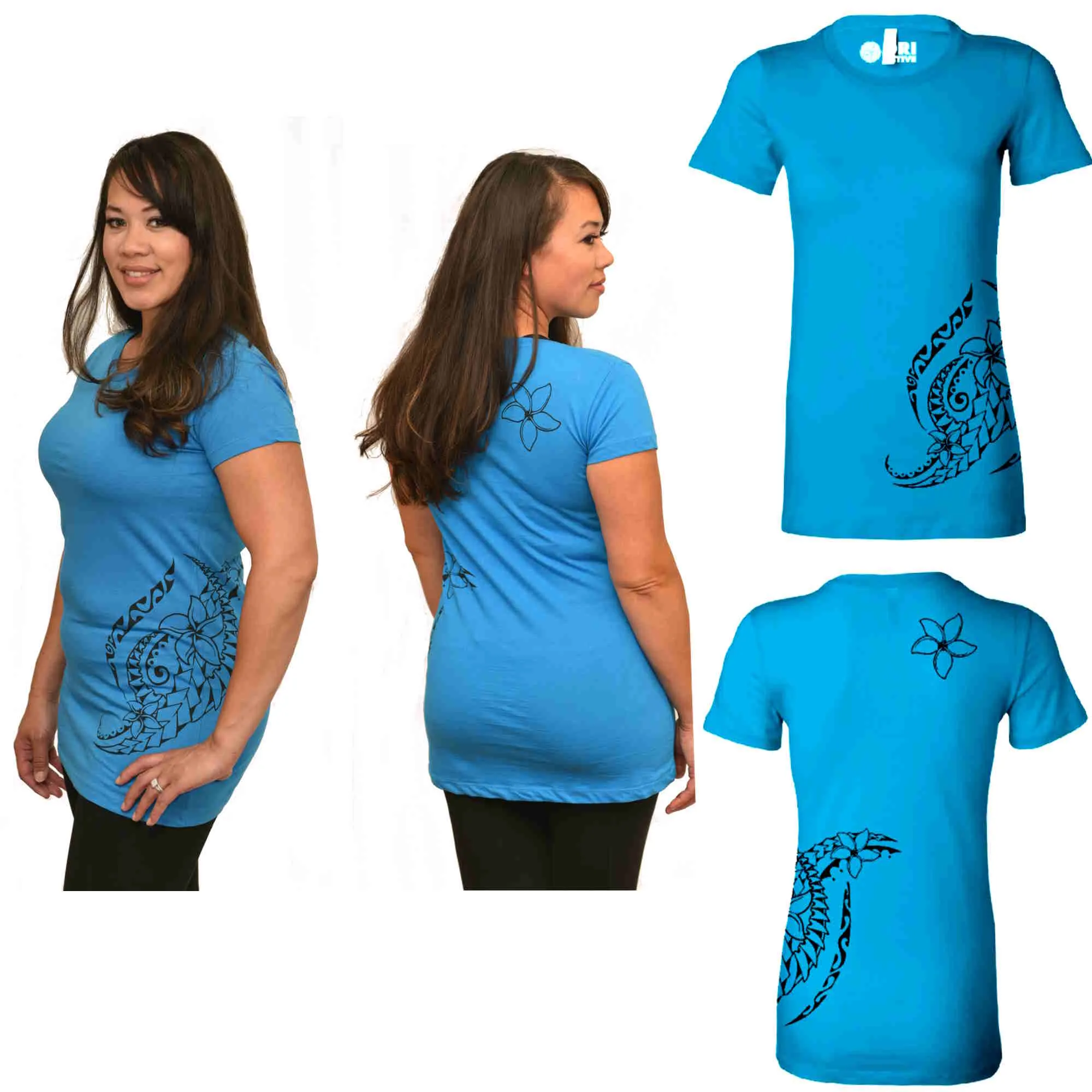 Fitted Short Sleeve T-Shirt - Triple Plumeria Hawaiian Tattoo Design