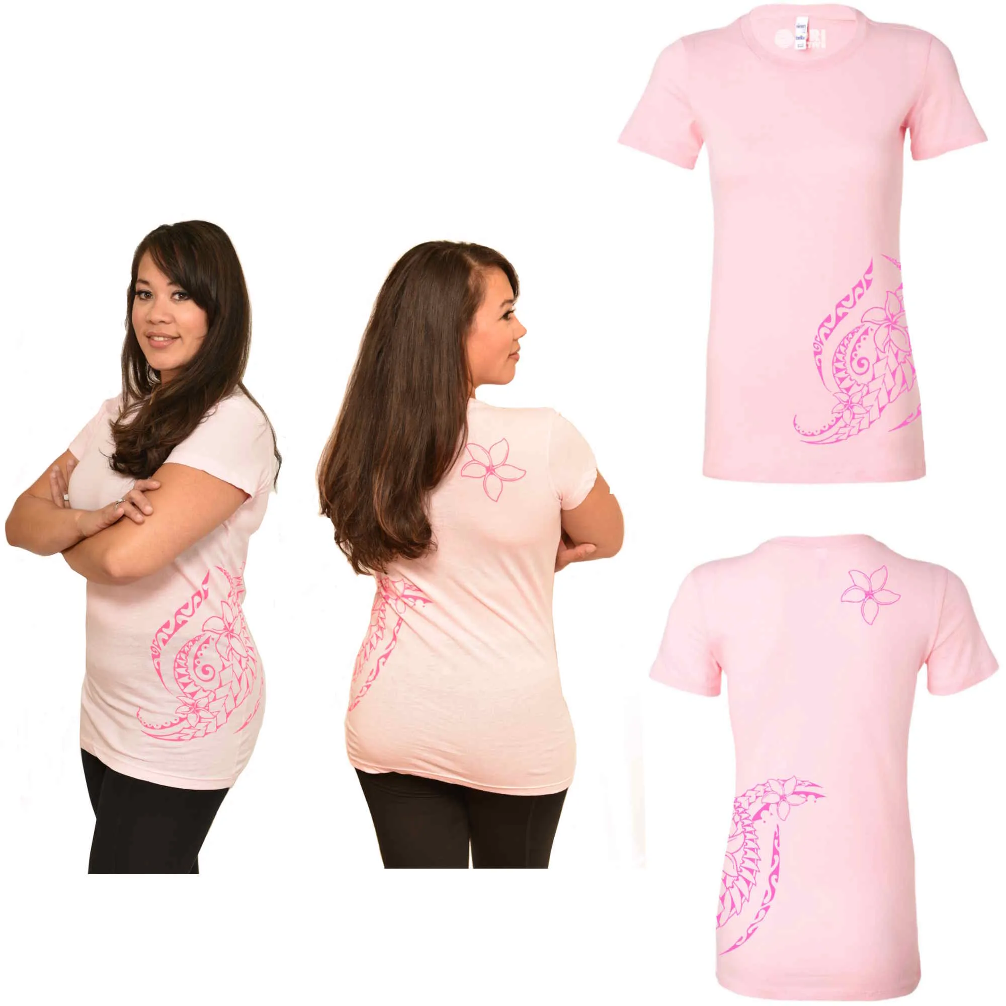 Fitted Short Sleeve T-Shirt - Triple Plumeria Hawaiian Tattoo Design