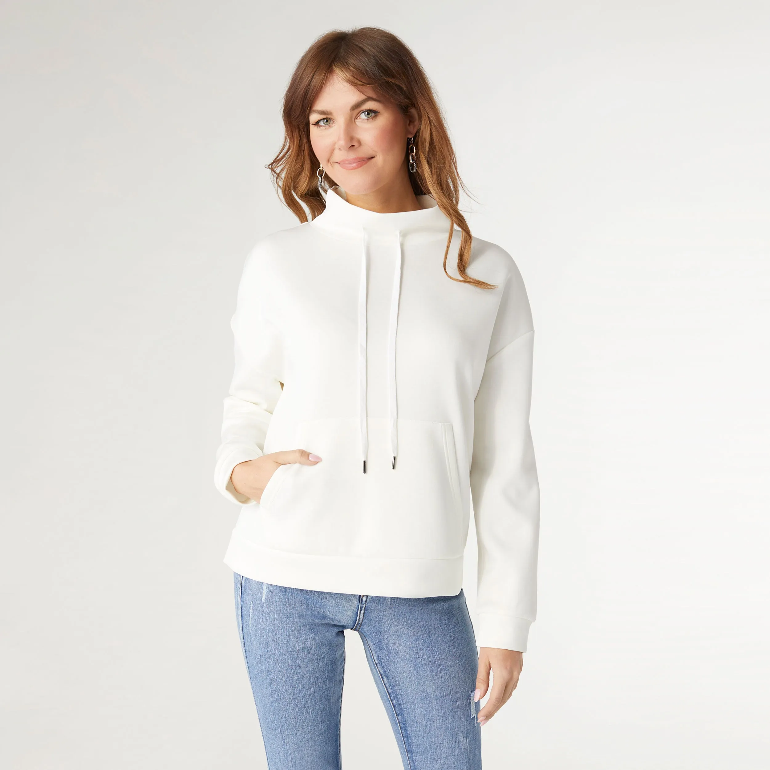 Hilarie Super Soft Mock Neck Pouch Pocket Top - Winter White - Final Sale