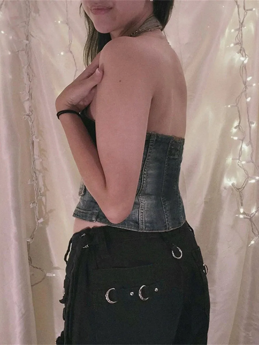 LVSANW Women s Denim Waistcoat Sleeveless V-Neck Cropped Tank Tops Button Up Jean Vintage Crop Jackets Streetwear