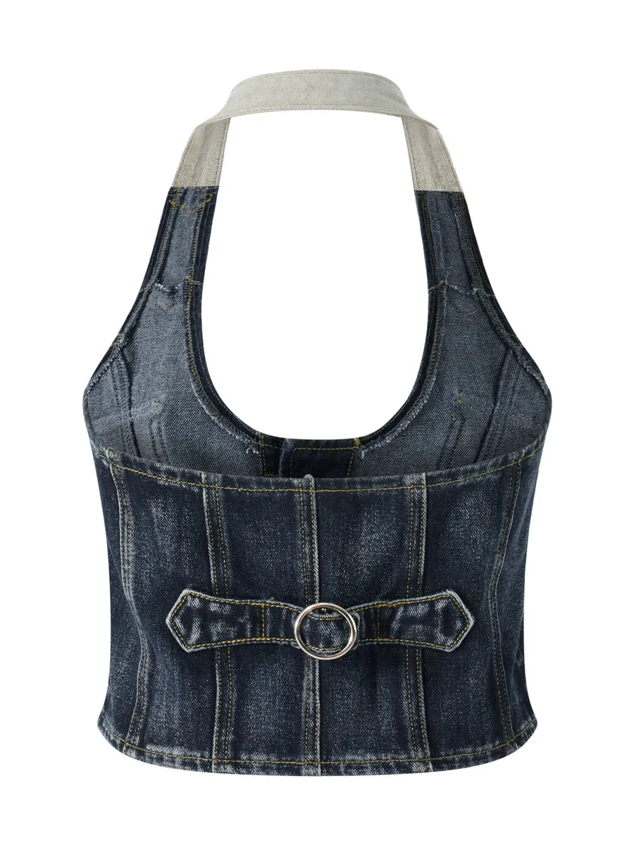 LVSANW Women s Denim Waistcoat Sleeveless V-Neck Cropped Tank Tops Button Up Jean Vintage Crop Jackets Streetwear