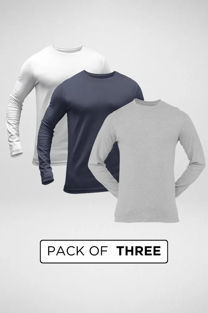 Pack Of 3 Full Sleeve T-Shirts White Navy Blue and Grey Melange for Men