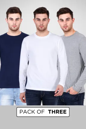 Pack Of 3 Full Sleeve T-Shirts White Navy Blue and Grey Melange for Men