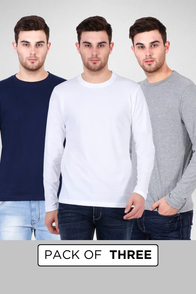 Pack Of 3 Full Sleeve T-Shirts White Navy Blue and Grey Melange for Men