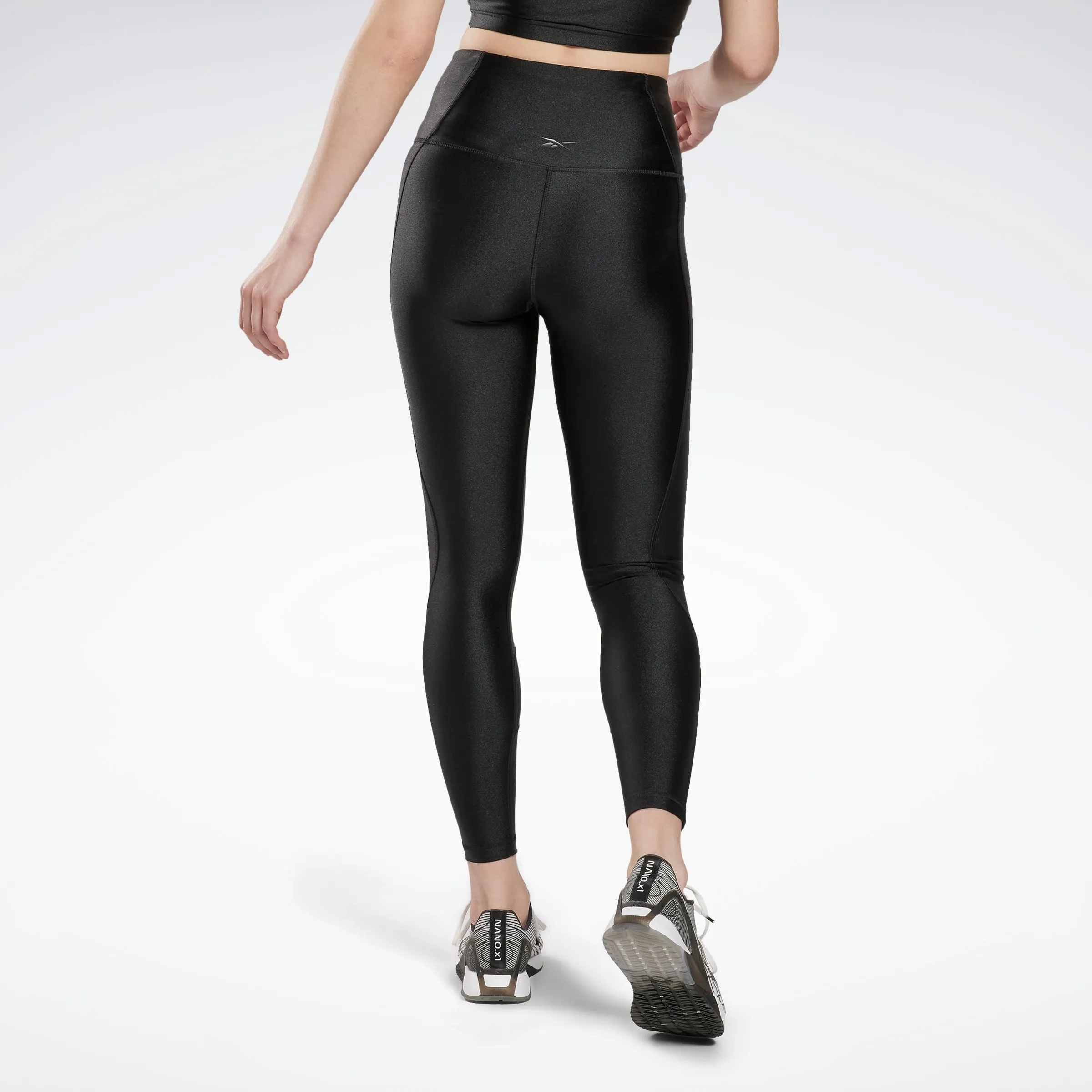 Reebok Apparel Women Shiny Yoga Pose Scribble High-Rise Leggings Black