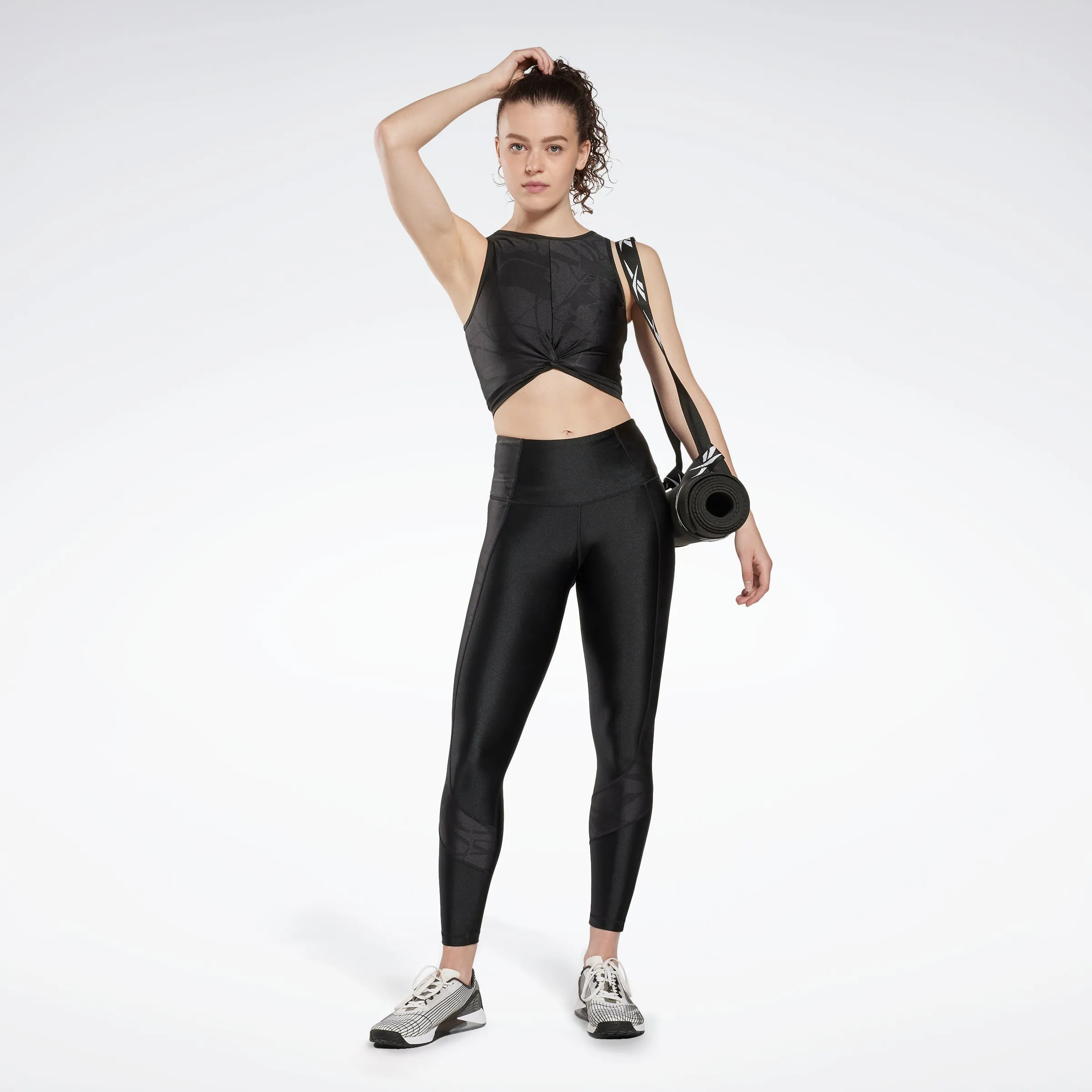 Reebok Apparel Women Shiny Yoga Pose Scribble High-Rise Leggings Black