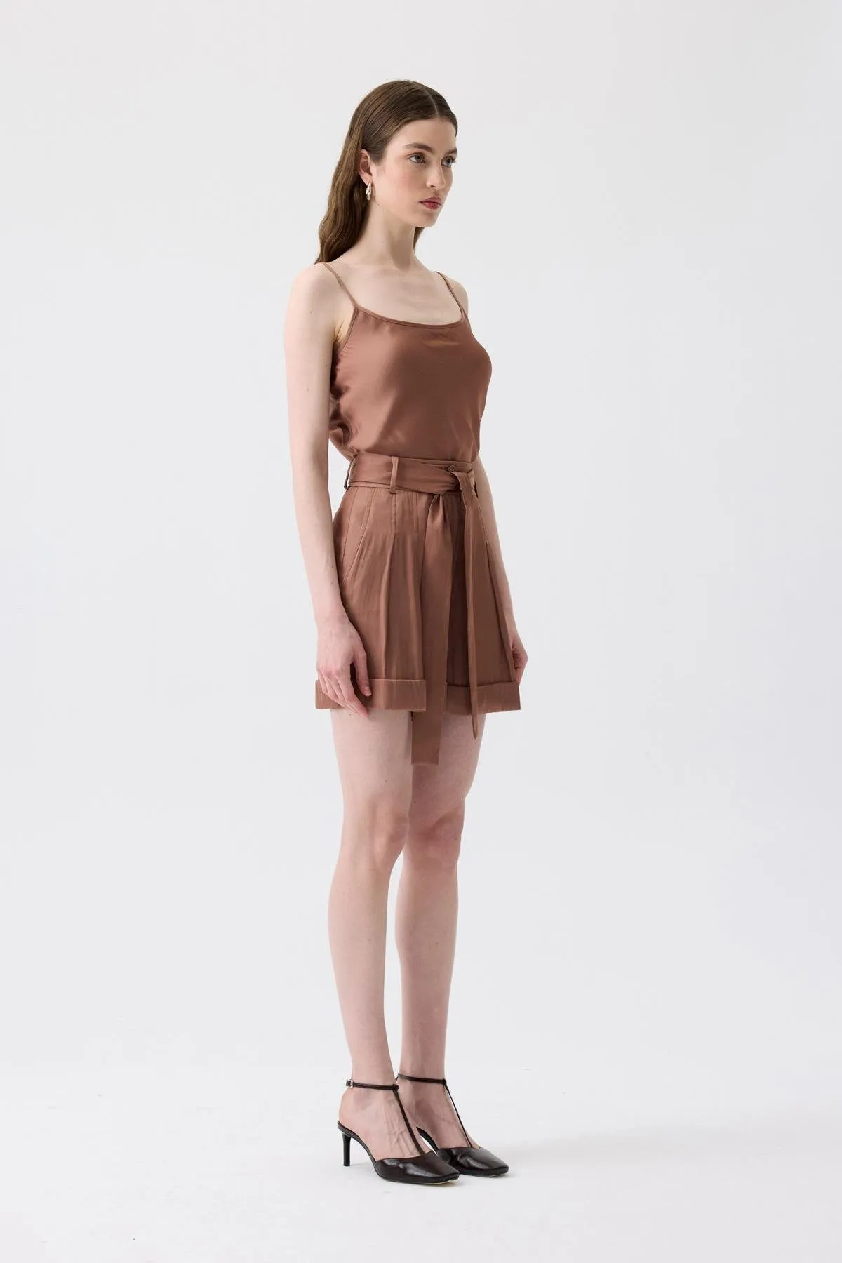Relaxed Form Fit Mini Brown Shorts with Lacing Belt