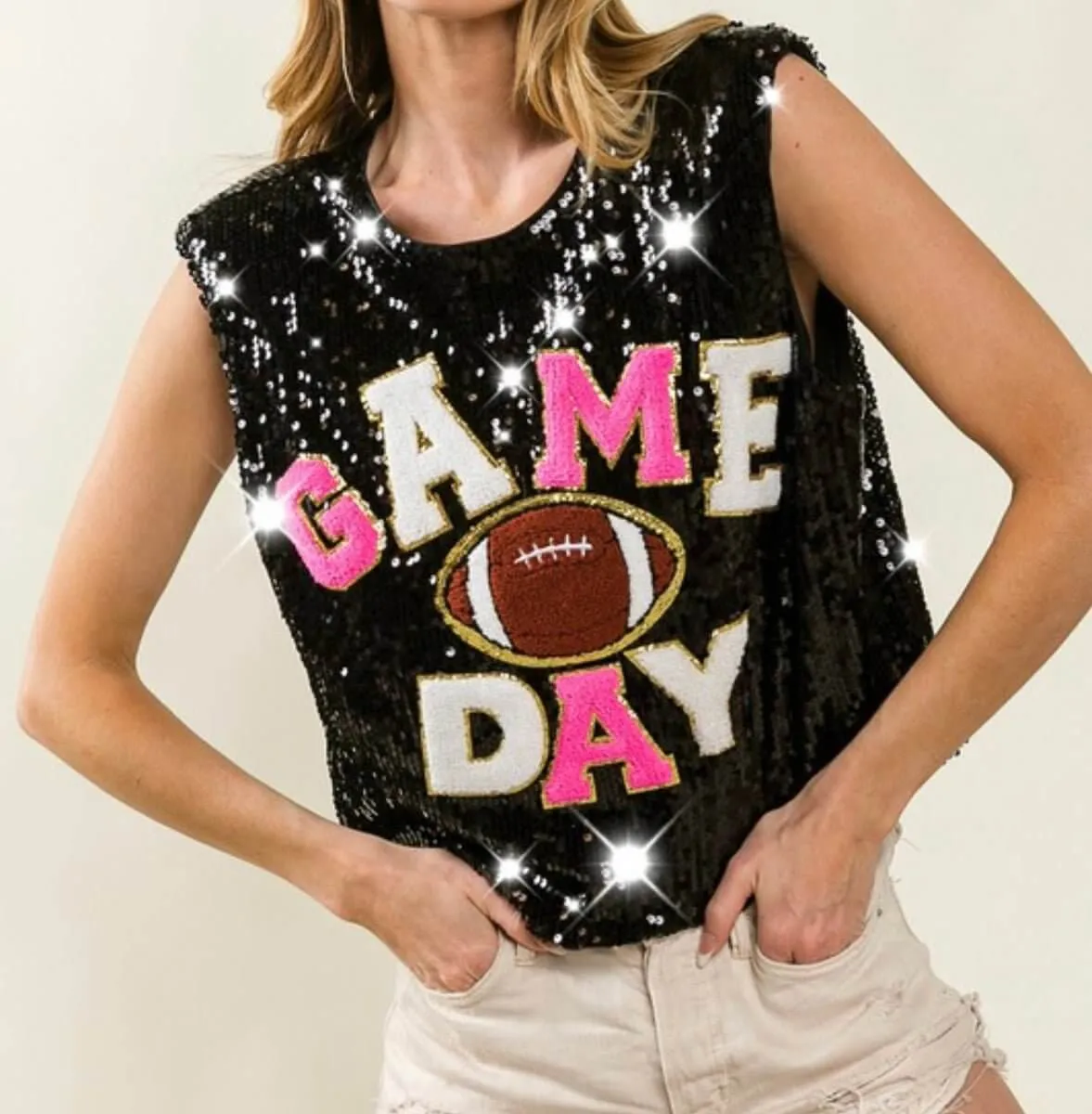 The Touch Down Tanks: Sequins Game Day Tops
