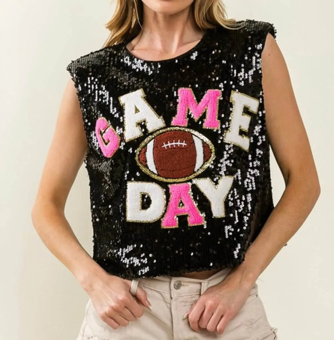 The Touch Down Tanks: Sequins Game Day Tops