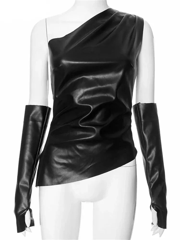 Women  PU Leather Crop Asymmetric Tank Top