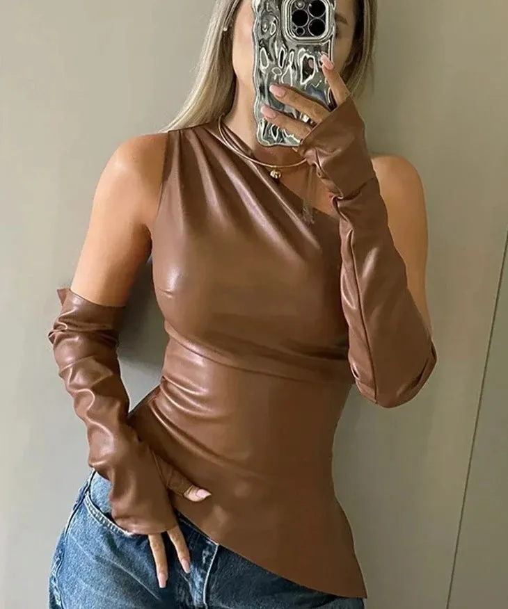 Women  PU Leather Crop Asymmetric Tank Top