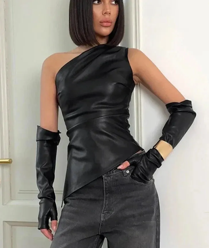 Women  PU Leather Crop Asymmetric Tank Top