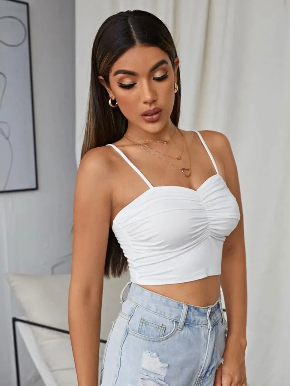 Women's Crop Stretch Plain Casual Plain Spaghetti Strap Tank Tops & Camis