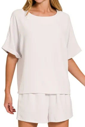 Zenana Just Breezing Through Bone Woven Top & Shorts Set