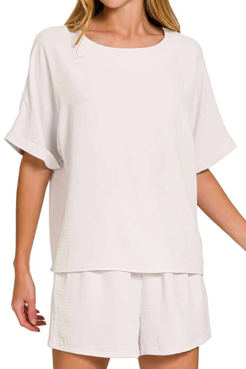 Zenana Just Breezing Through Bone Woven Top & Shorts Set