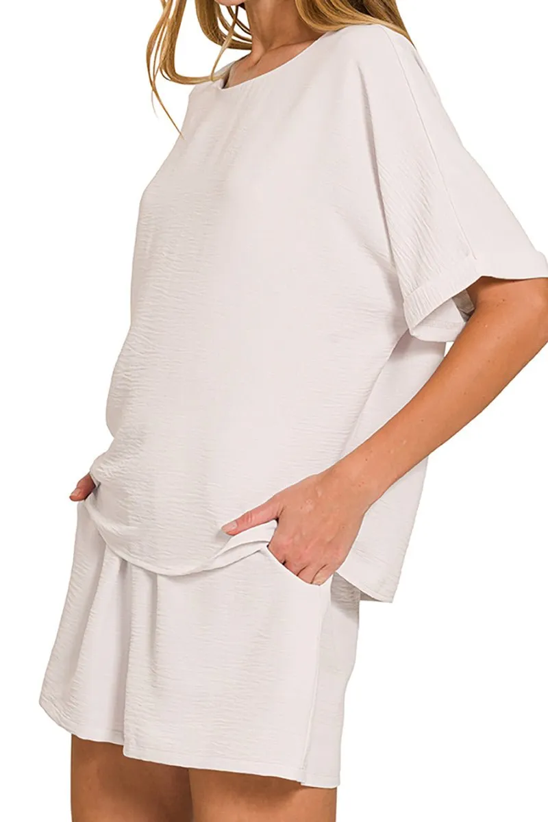 Zenana Just Breezing Through Bone Woven Top & Shorts Set